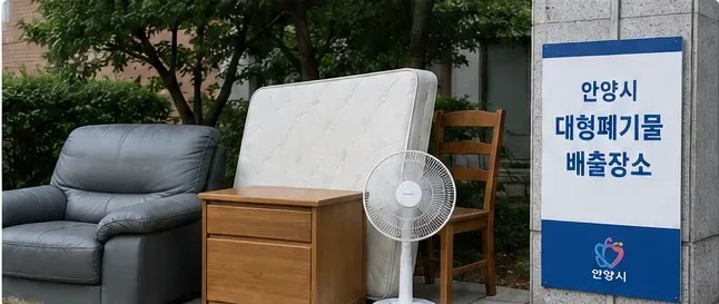 소파와 매트리스, 서랍장, 선풍기 등 여러 대형 물품이 배출장소에 모여 있는 모습