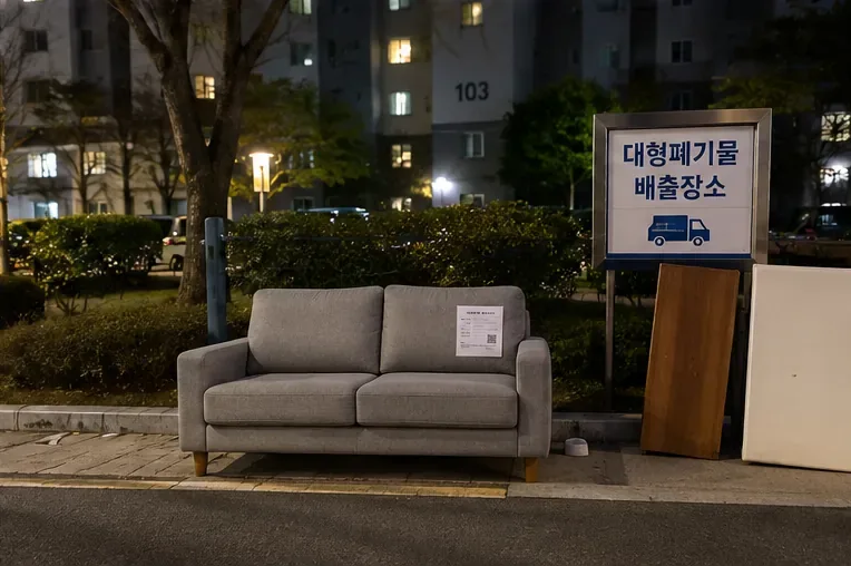주거단지의 대형폐기물 배출장소에 신고 안내가 붙은 소파가 놓인 야간 모습