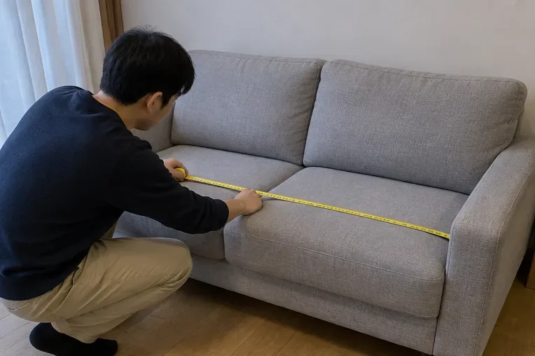 회색 2인용 소파의 폭을 줄자로 재며 규격을 확인하는 모습
