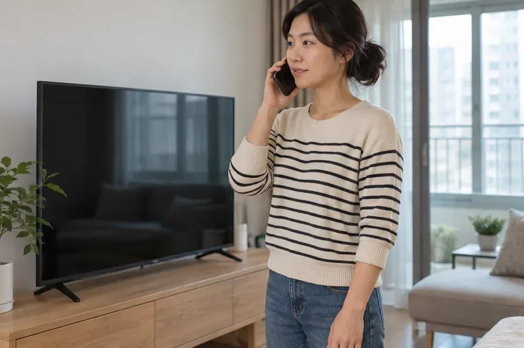 주민이 TV 옆에서 휴대전화로 수거 일정을 문의하고 있다.