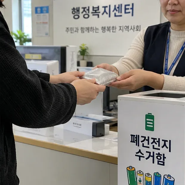 행정복지센터 직원에게 랩으로 감싼 보조배터리를 건네고 옆에 폐건전지 수거함이 있는 모습