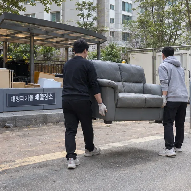 두 사람이 안양의 공동주택 대형폐기물 배출장소로 3인용 소파를 옮기는 모습