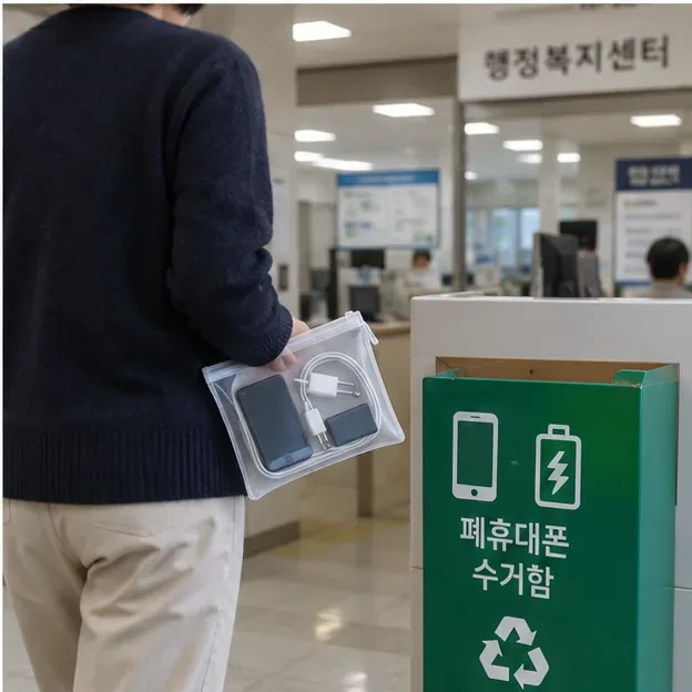 행정복지센터 내부에서 폐휴대폰과 충전기를 투입용 수거함 근처로 가져가는 장면