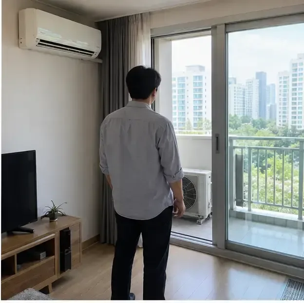 실내기와 베란다 실외기의 위치와 이동 경로를 확인하는 가정 내부 모습