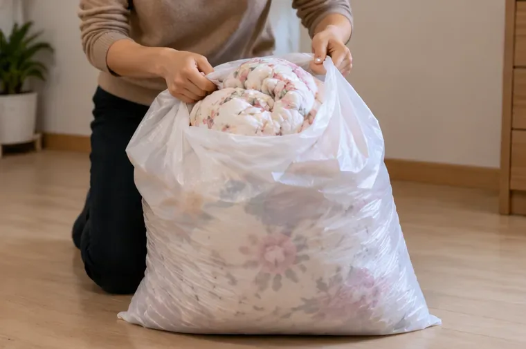 접은 꽃무늬 이불을 큰 쓰레기봉투 안에 넣어 부피를 확인하는 모습