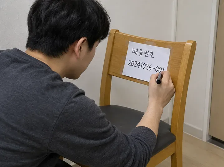 나무 의자 등받이에 배출번호를 적은 종이를 부착하고 내용을 확인하는 모습