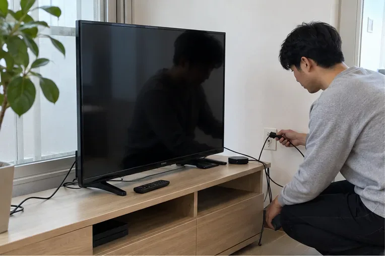 거실에서 TV 전원 플러그와 연결선을 분리하는 모습