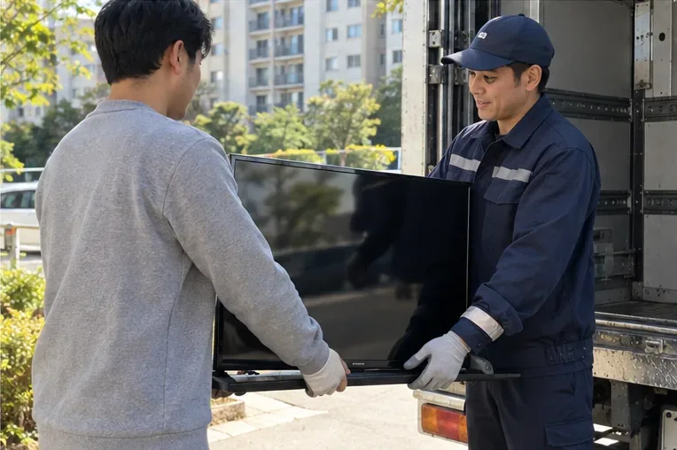 주택 앞에서 수거 작업자에게 TV를 인계하는 모습