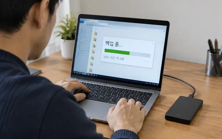 노트북에 외장 저장장치를 연결하고 파일 백업 진행 화면을 확인하는 사람