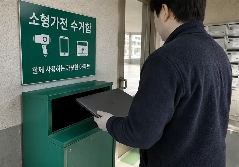 아파트 공용 공간의 소형가전 수거함 앞에서 노트북을 들고 배출 장소를 확인하는 사람