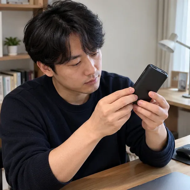 책상 앞에 앉은 사람이 검은색 보조배터리의 외관과 충전 단자를 살펴보고 있다