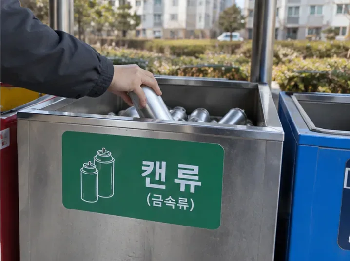 아파트 재활용 배출장소의 캔류 금속류 수거함에 빈 금속 캔을 넣는 모습