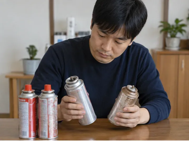 탁자 위에서 여러 부탄가스통의 녹, 찌그러짐과 밸브 상태를 눈으로 확인하는 모습