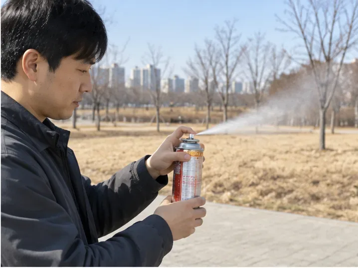 건물과 불꽃에서 떨어진 탁 트인 야외에서 부탄가스통의 잔류가스를 빼는 모습