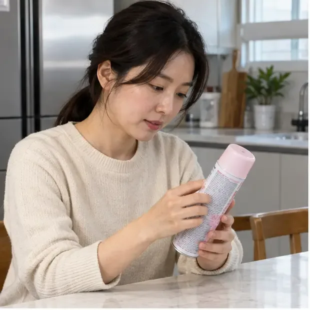 손에 든 스프레이캔의 라벨과 노즐을 확인하는 모습