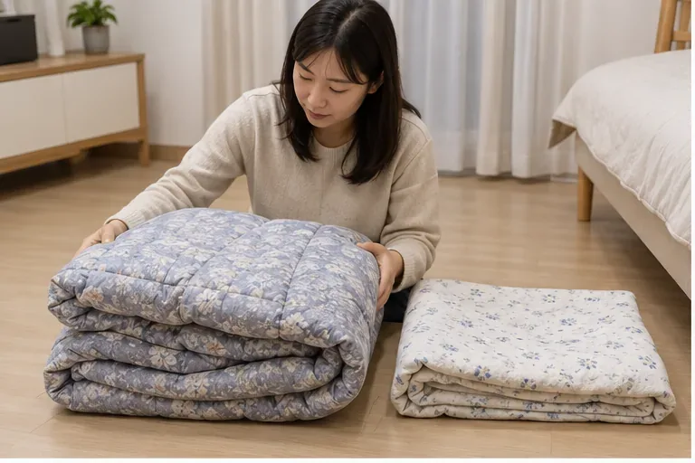 방 안에서 두꺼운 겨울 이불과 얇은 여름 이불을 나란히 정리해 종류를 확인하는 모습