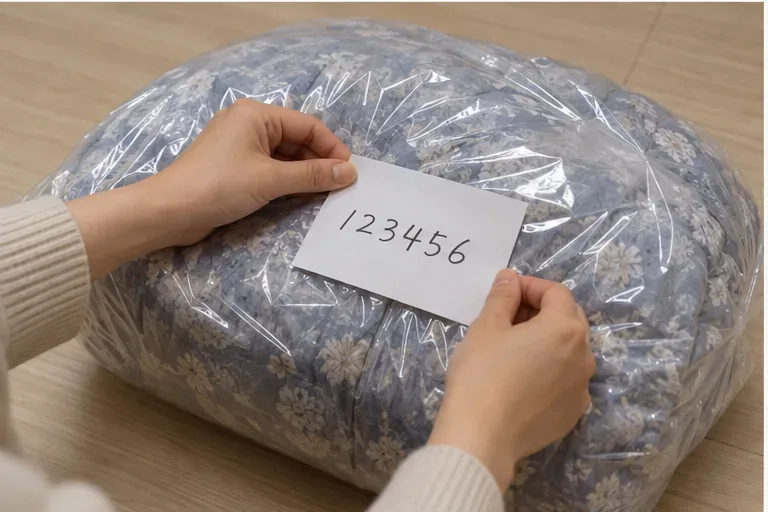 투명 포장한 이불 바깥쪽에 배출 예약번호를 적은 종이를 붙이는 손의 모습