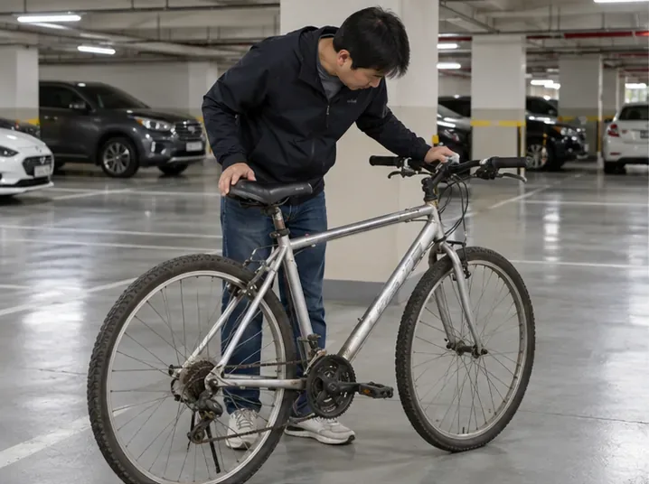 주차장 안에서 성인이 자전거의 안장과 핸들 주변을 살펴보는 모습