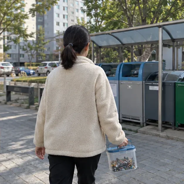 아파트 단지의 재활용품 수거 장소로 작은 용기를 들고 가는 주민