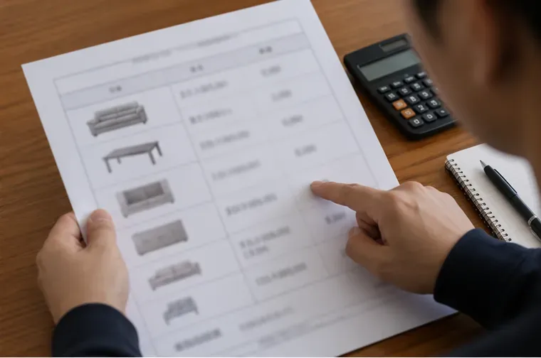 가구 품목과 규격별 수수료표를 확인하면서 계산기와 메모장을 함께 보는 모습
