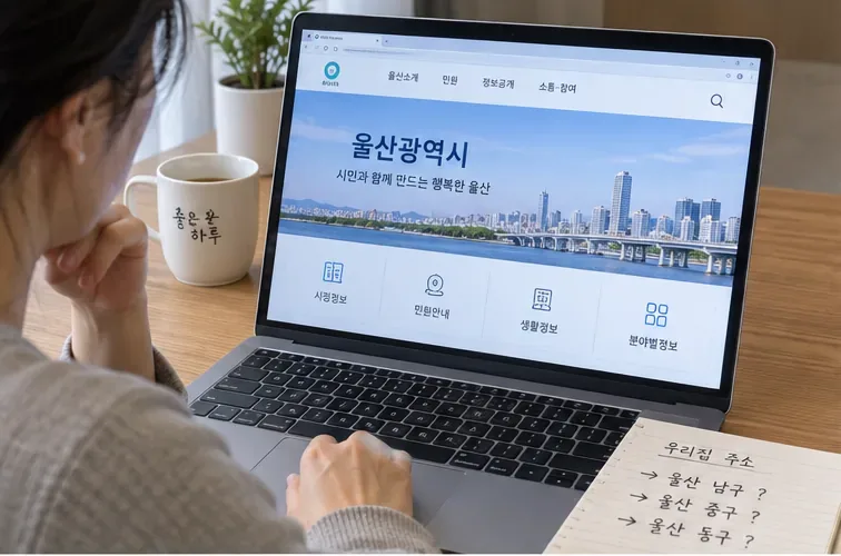 노트북으로 울산 지역과 거주 구를 확인하고 메모하는 모습