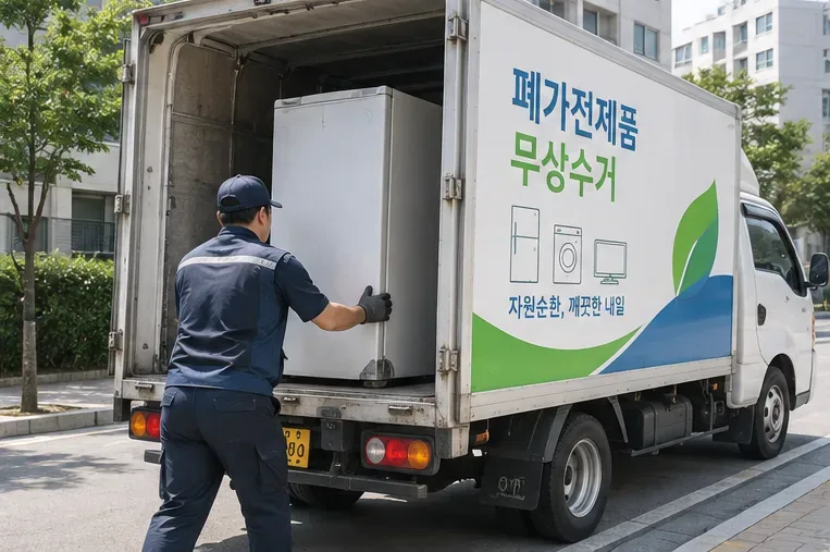 폐가전 무상수거 차량에 냉장고를 싣는 작업자의 모습