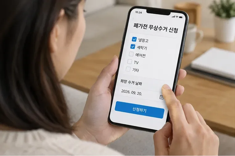 스마트폰에서 냉장고와 세탁기 폐가전 수거 품목과 희망 날짜를 선택하는 모습