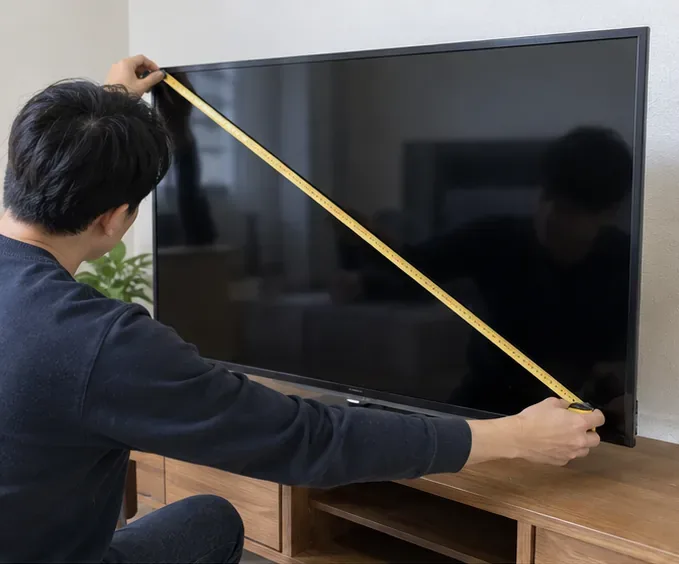 거실에서 사용자가 줄자로 평면 TV 화면의 대각선 길이를 확인하는 모습