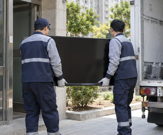 두 명의 수거 작업자가 아파트 출입구에서 대형 평면 TV를 함께 들어 수거 차량 쪽으로 이동하는 모습