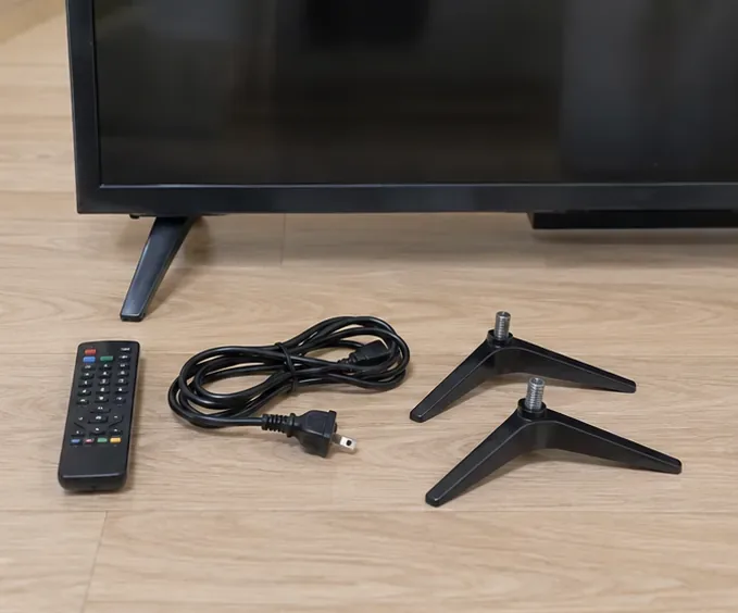 TV 앞 바닥에 리모컨, 전원선과 분리된 스탠드 부품을 한데 모아 놓은 모습