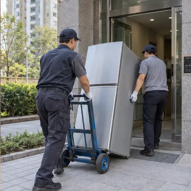 아파트 출입구에서 두 명의 작업자가 운반용 카트로 냉장고를 옮기는 모습