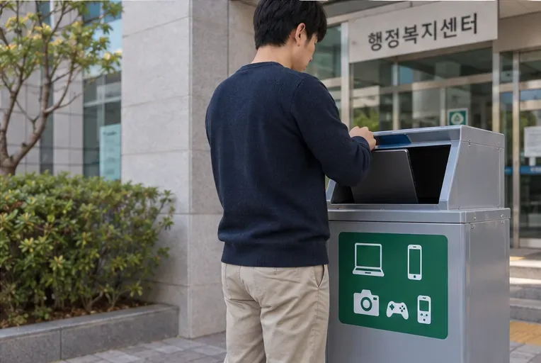 행정복지센터 앞 전자제품 그림이 표시된 수거함에 노트북을 배출하는 모습