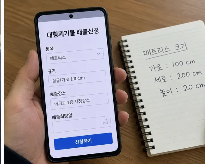 스마트폰 대형폐기물 배출신청 화면에 매트리스 규격과 배출장소를 입력하는 모습