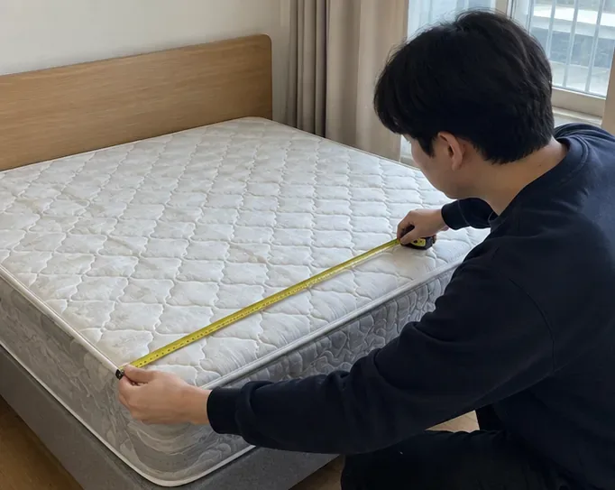 침실에서 줄자로 매트리스 가로 폭을 확인하는 모습