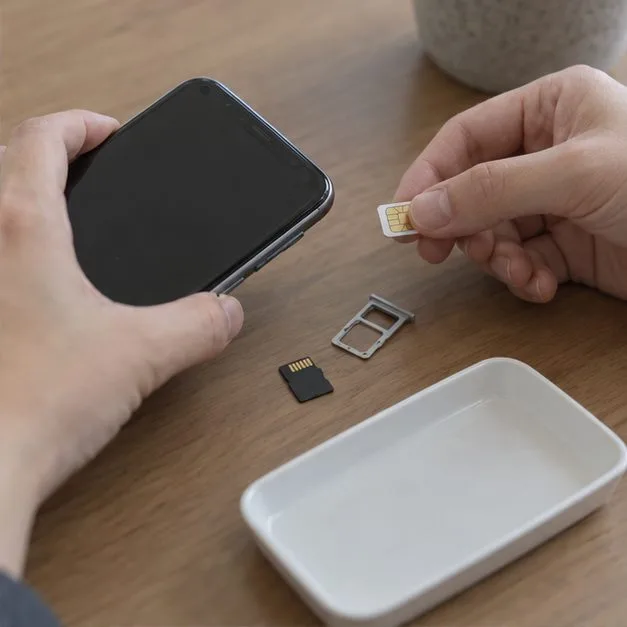 오래된 스마트폰에서 SIM 카드와 microSD 카드를 꺼내 트레이에 놓는 모습