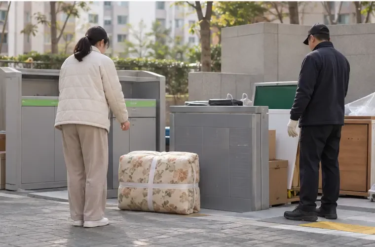 아파트의 지정된 수거 공간에서 묶은 이불을 배출 위치에 놓고 확인하는 성인의 모습