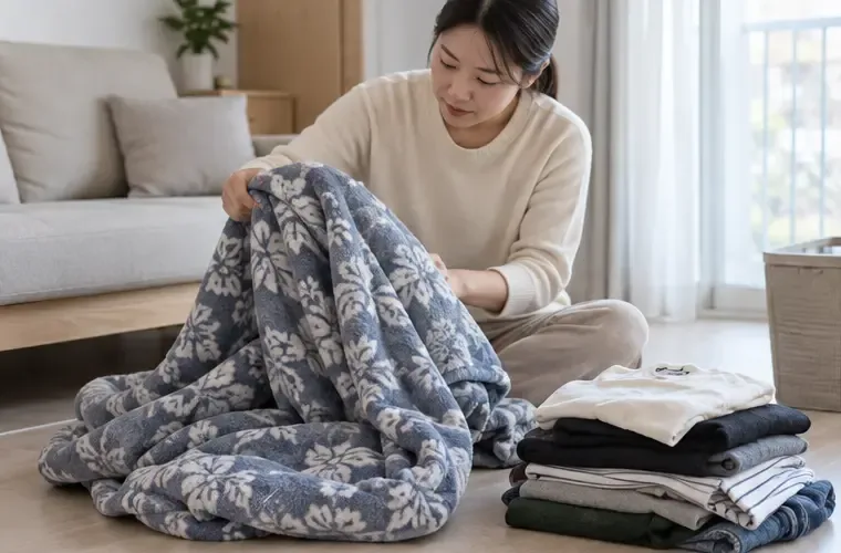 아파트 실내에서 접은 이불과 의류를 서로 다른 바구니에 나누어 놓고 처리 방법을 확인하는 모습