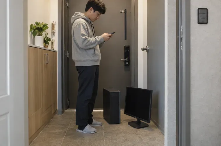 공동주택 현관 안쪽에 데스크톱 본체와 모니터를 준비해 둔 주민이 휴대전화로 예약을 확인하는 모습