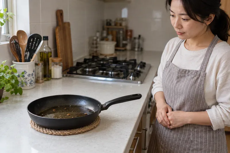 식힌 폐식용유가 담긴 프라이팬이 조리대 위 받침에 놓여 있고 사용자가 기다리는 모습