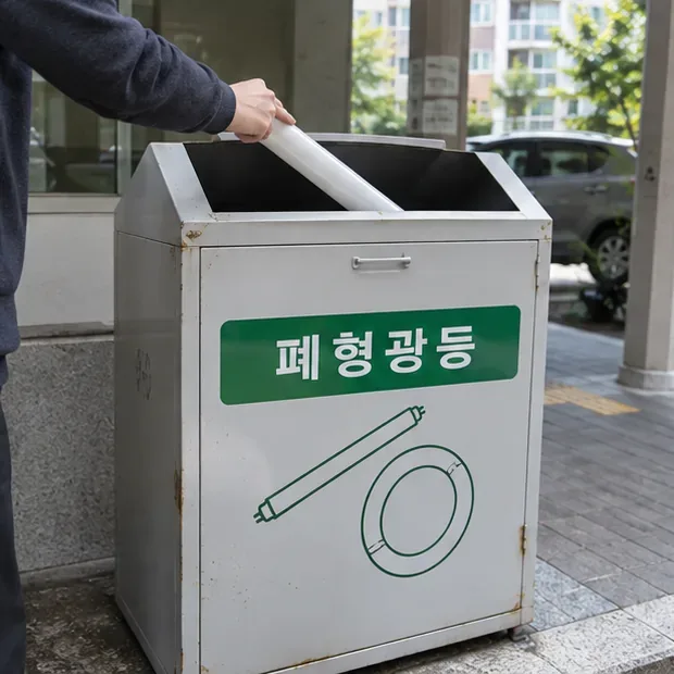 폐형광등이라고 표시된 전용 수거함에 형광등을 넣는 모습