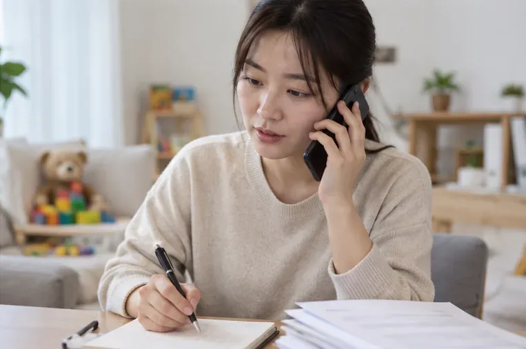 육아휴직 급여 신청번호와 날짜를 메모하며 고용센터에 전화 문의하는 모습