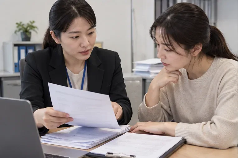 근로자가 회사 인사 담당자와 육아휴직 관련 서류를 함께 대조하는 모습
