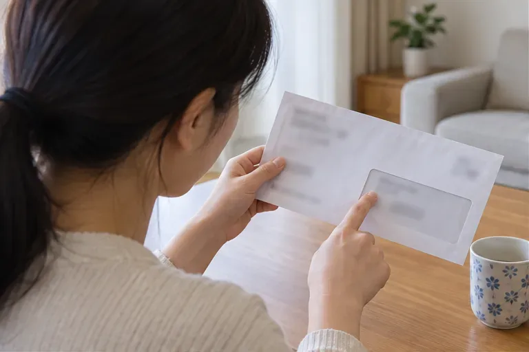 집에서 우편물을 살펴보며 주소가 속한 지역을 확인하는 주민