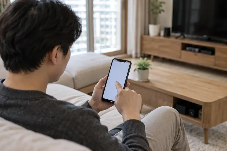 한 사람이 집에서 스마트폰으로 폐가전 수거 예약을 진행하고 있다