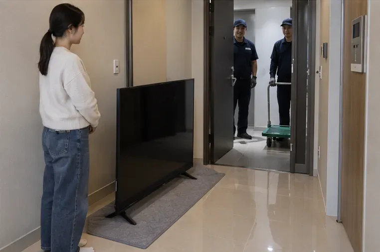 아파트 현관 앞에 평면 TV가 안전하게 세워져 있고 거주자가 문 앞 수거 담당자와 마주하고 있다