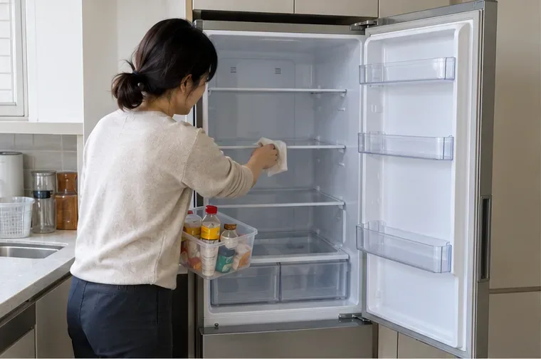 인천 가정에서 냉장고 안의 음식물과 선반을 정리하고 내부를 닦는 모습