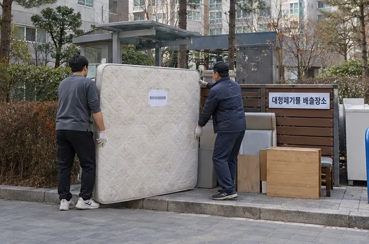 아파트 단지의 대형폐기물 지정 배출장소에 두 사람이 매트리스를 옮기는 모습
