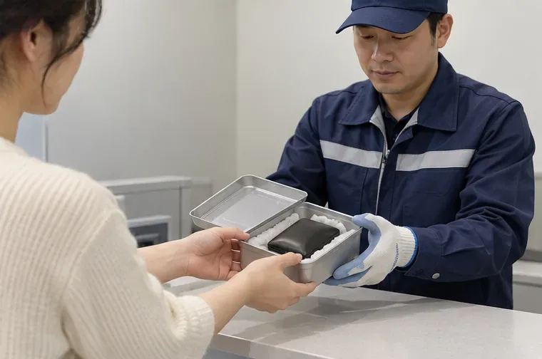 주민과 작업자가 작은 보조배터리를 전용 용기에 주고받는 장면. 실제 인계 장소와 용기는 관할 담당자의 안내를 먼저 확인해야 합니다.