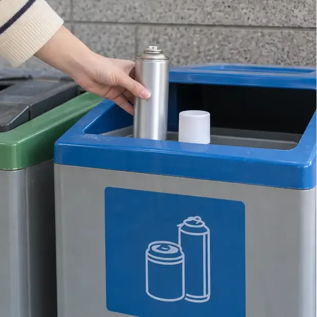 뚜껑을 분리한 온전한 금속 스프레이캔이 금속 캔류 표시가 있는 재활용 수거함에 놓이는 모습