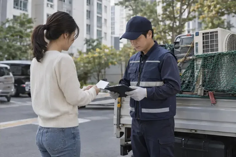 거주자가 수거 작업자에게 배출 확인서를 건네며 인수인계하는 모습